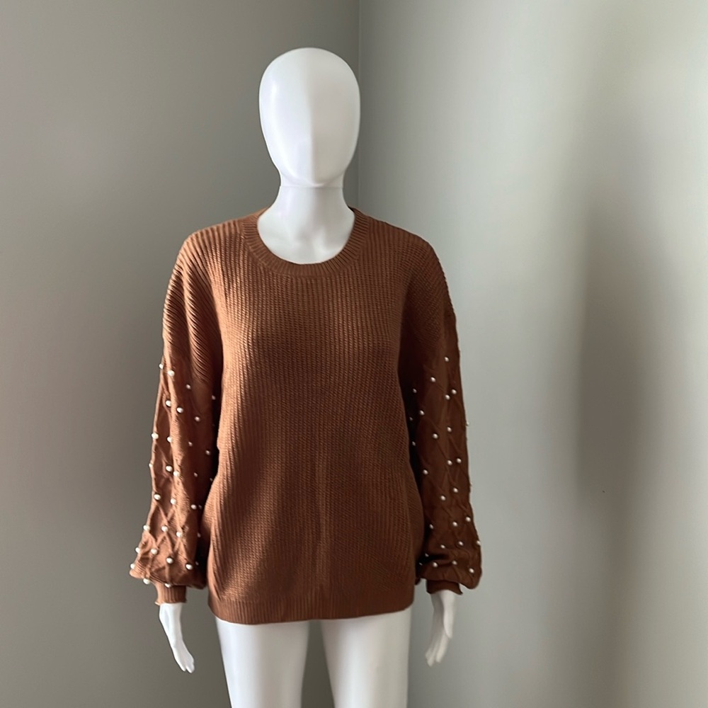 SHEIN LUNE Brown Crewneck Sweater with Pearl Accented Sleeves Size 6 - Picture 8 of 8